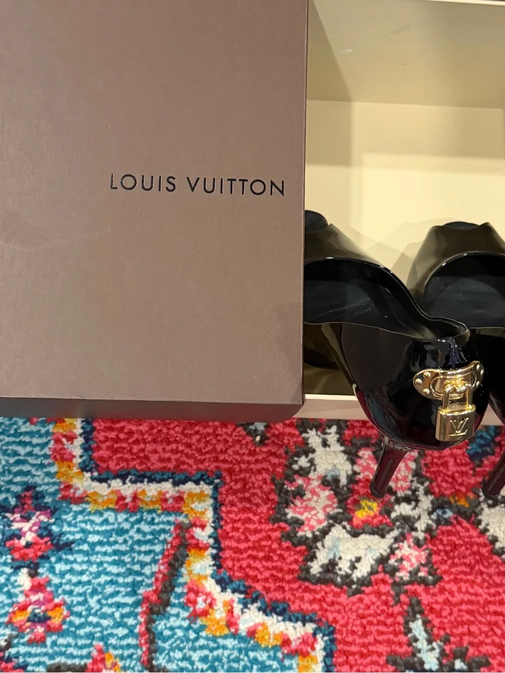 Louis Vuitton Black Patent Peep open Toe Pumps with Gold Accent
